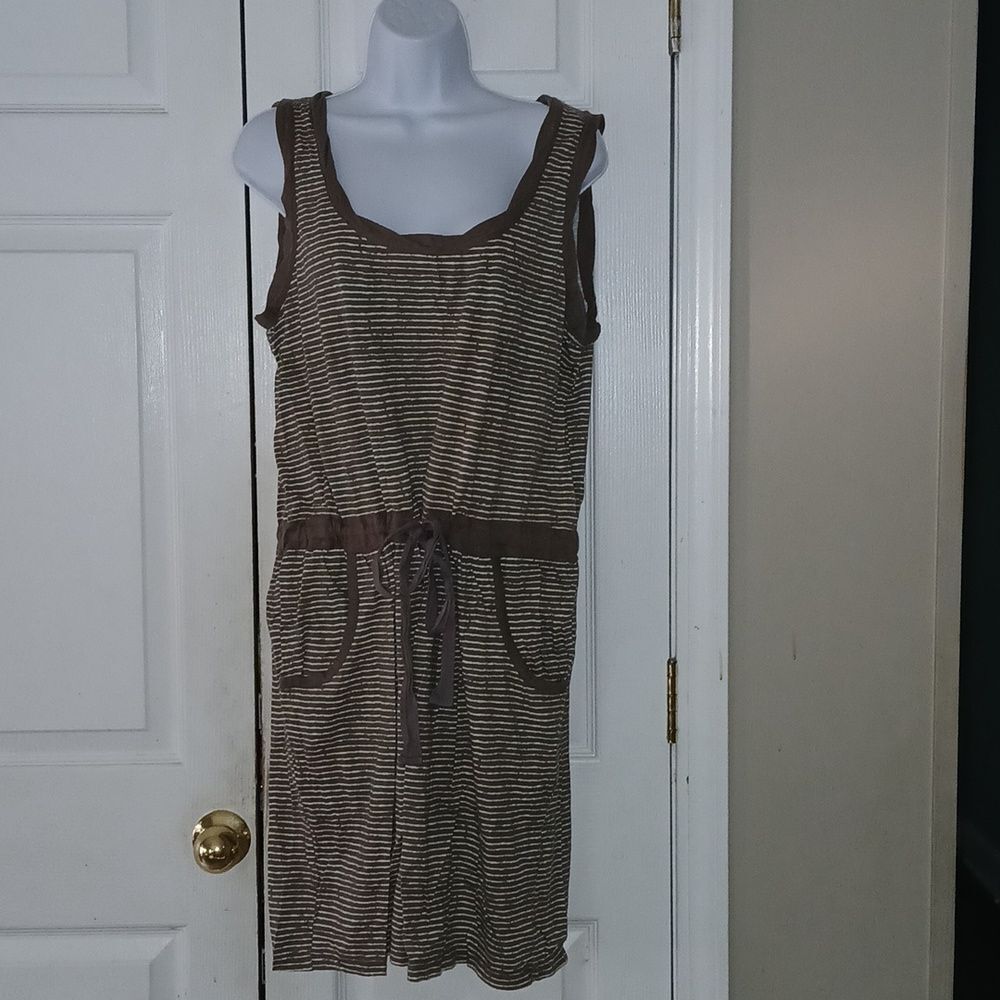 Ann Taylor Loft taupe and cream striped drawstring waist pocket dress Sz L EUC